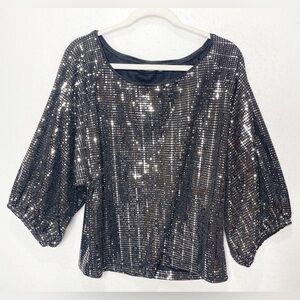 New York & Company Black Silver Sparkly Shirt Balloon Sleeve Holiday Party